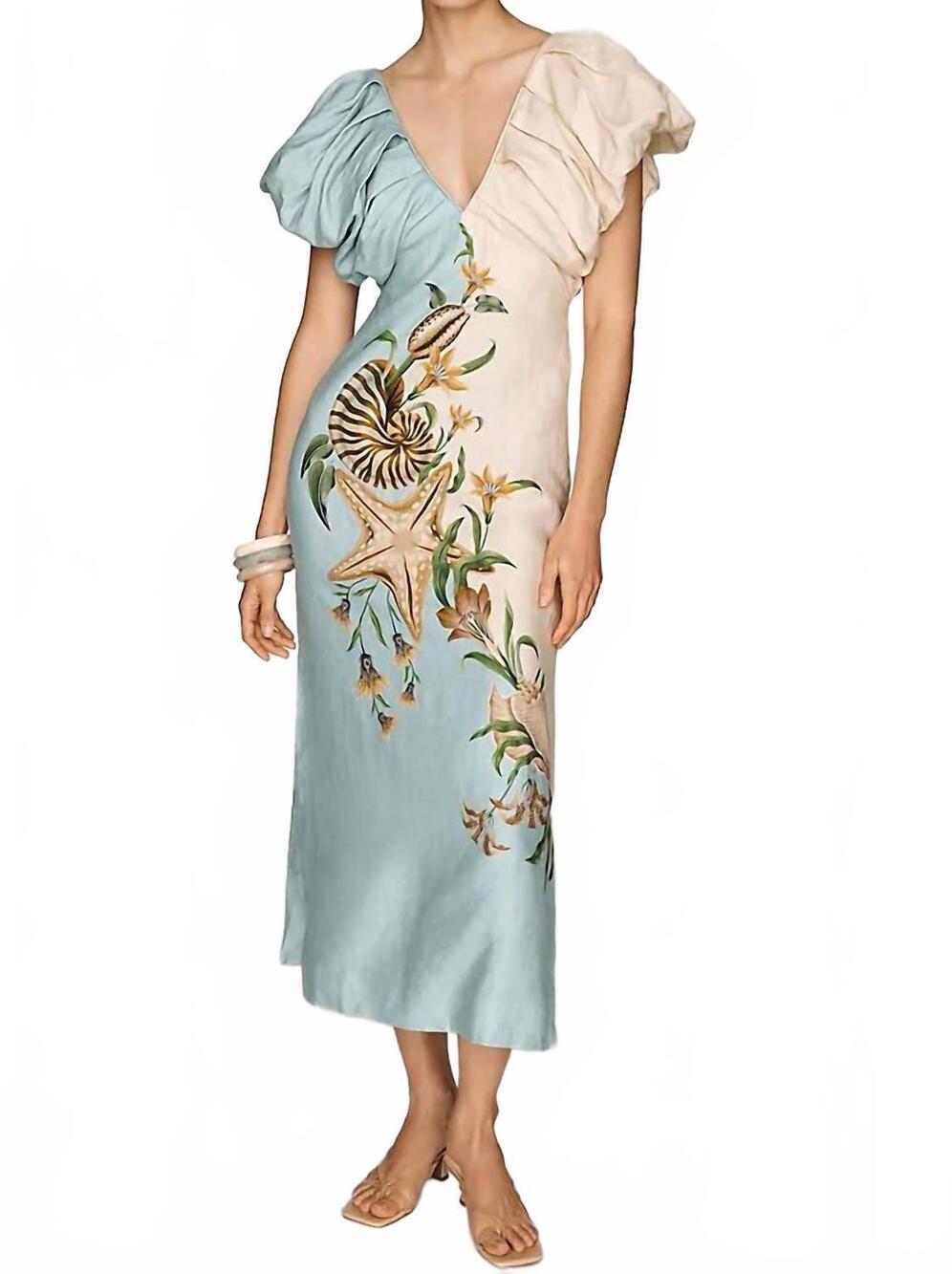 NEW FARM RIO linen midi dress in marine garden sand